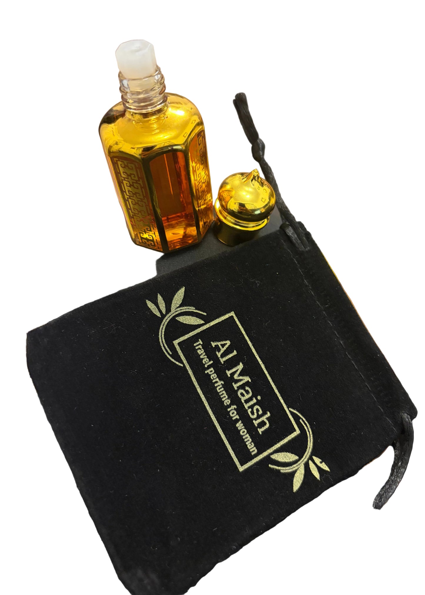 Al Maish Travel Perfume for Woman gold roll-on bottle resting on black velvet drawstring pouch
