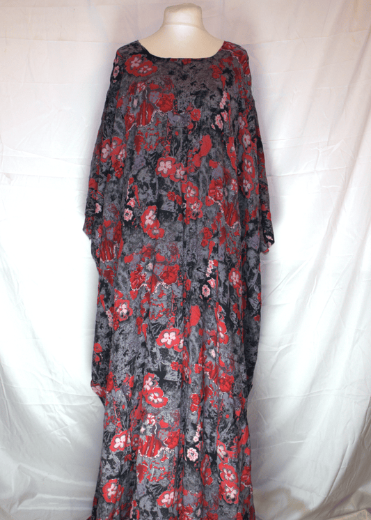 Floral Red and Grey patterned Somali Baati on a mannequin against a white background