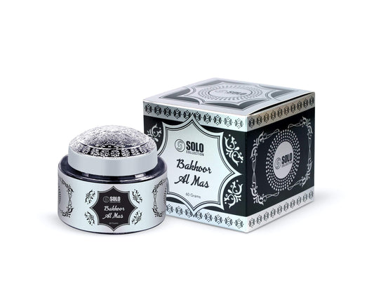 Jar and box of Baboor Al Mas by SOLO on a white background