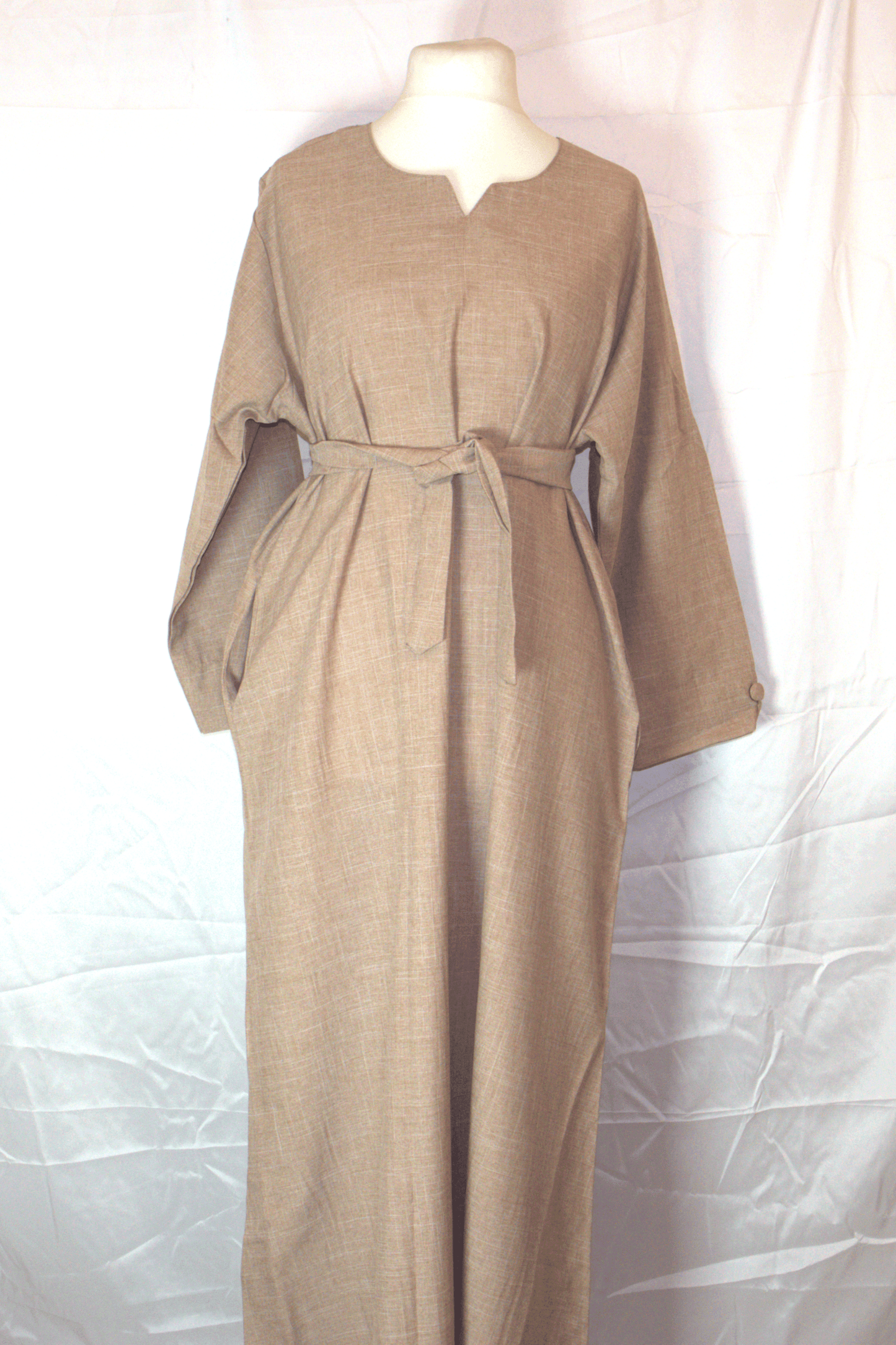 Beige Modest Maxi Dress – Belted with Side Pockets - Dirac fashion