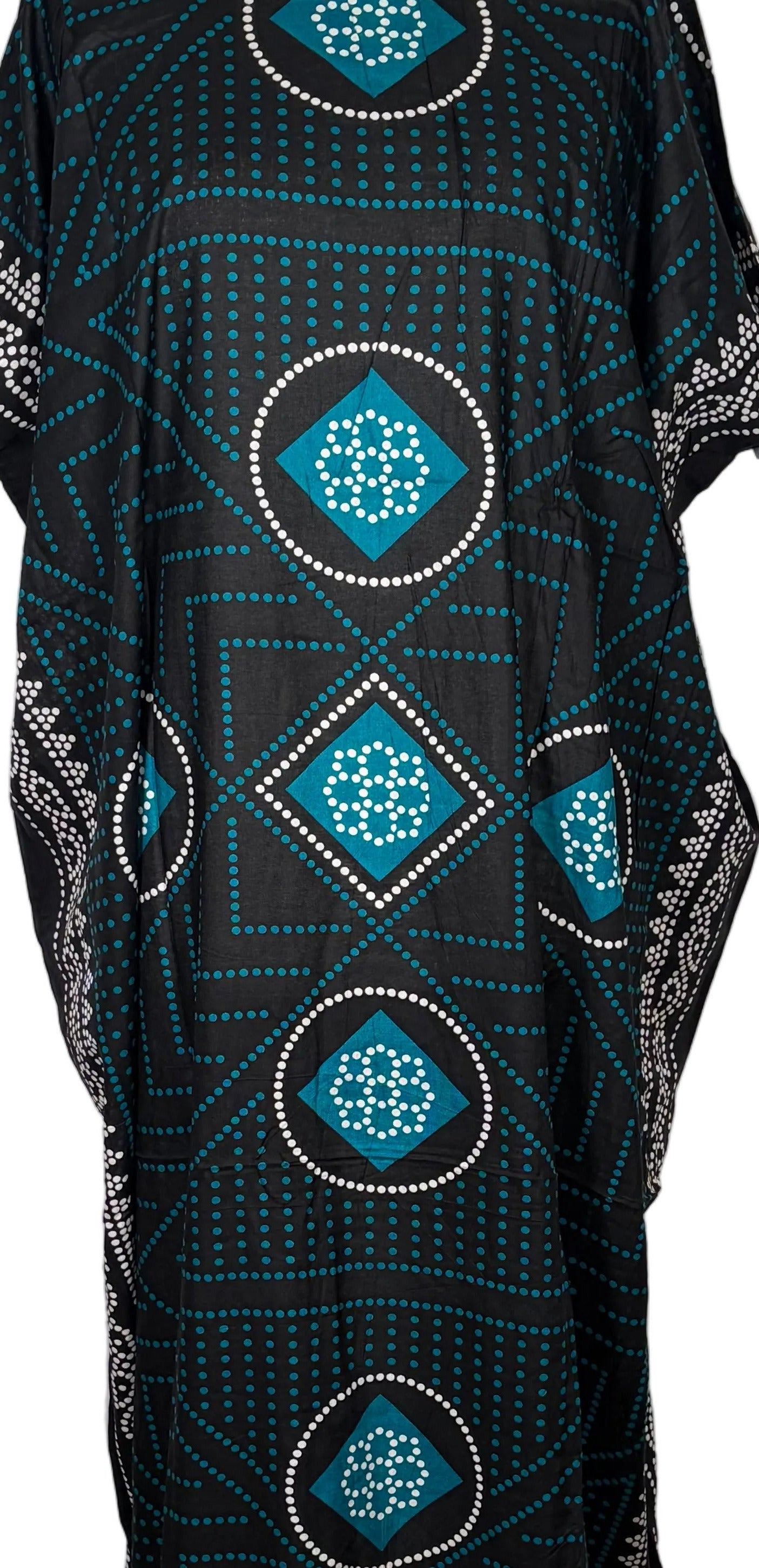 Black Somali Baati dress with blue patterns on a mannequin against a white background