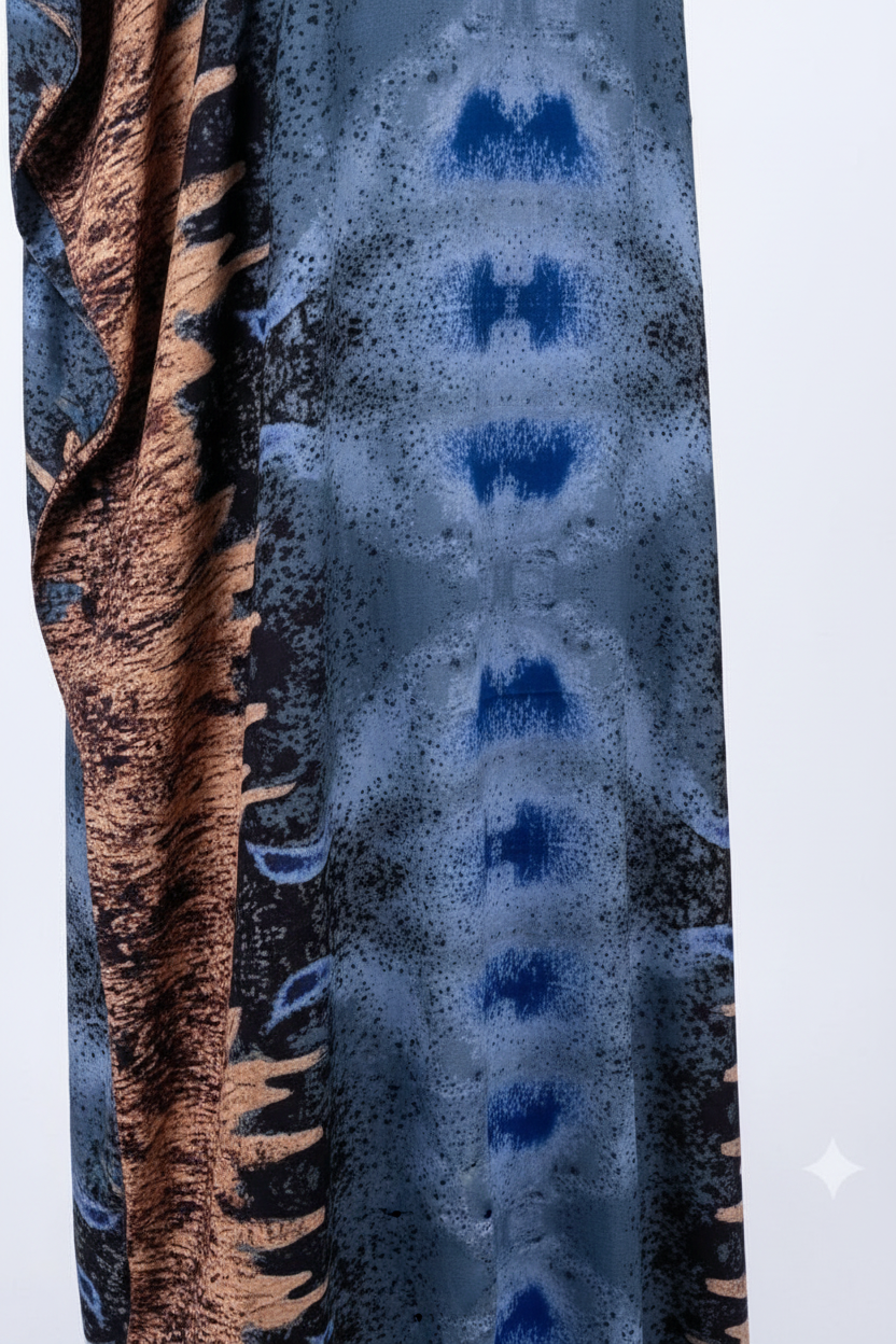Close-up of a patterned fabric with blue and brown design on a white background
