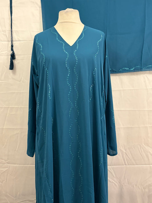 Teal Embellished One-Piece Abaya with Matching Scarf