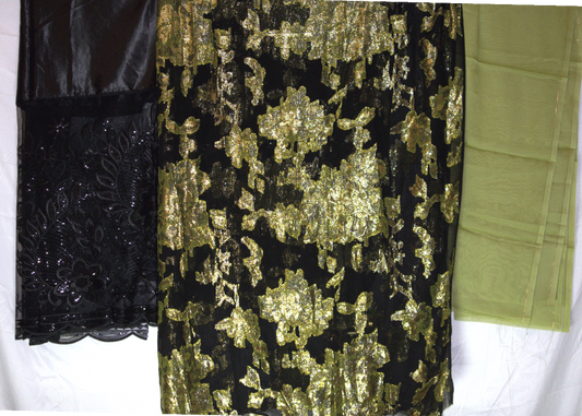 Dirac Fransawi Black fabric with gold, Green floral patterns Full set on a white background