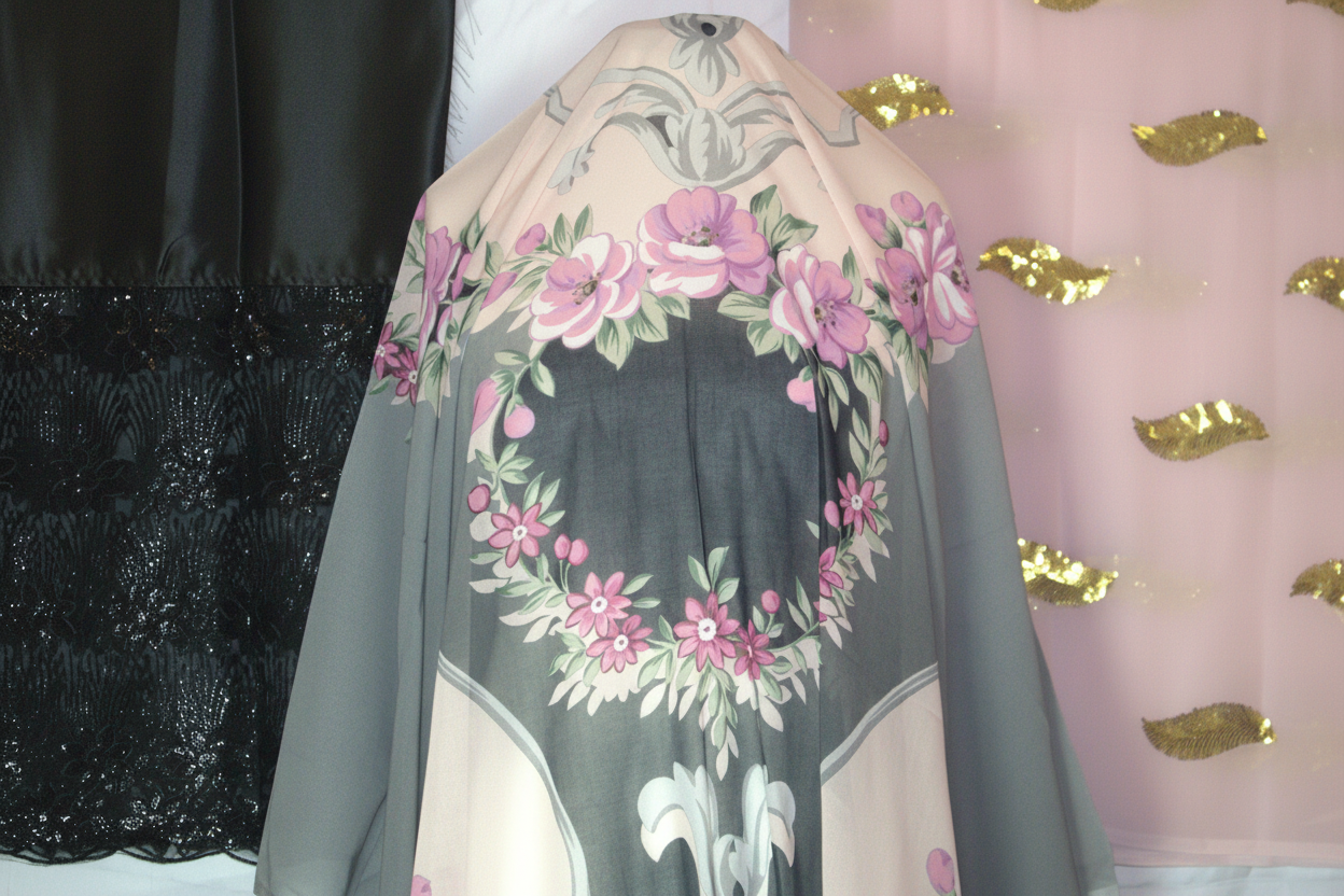 Floral-patterned fabric draped over a black garment with a pink and gold leafy background.