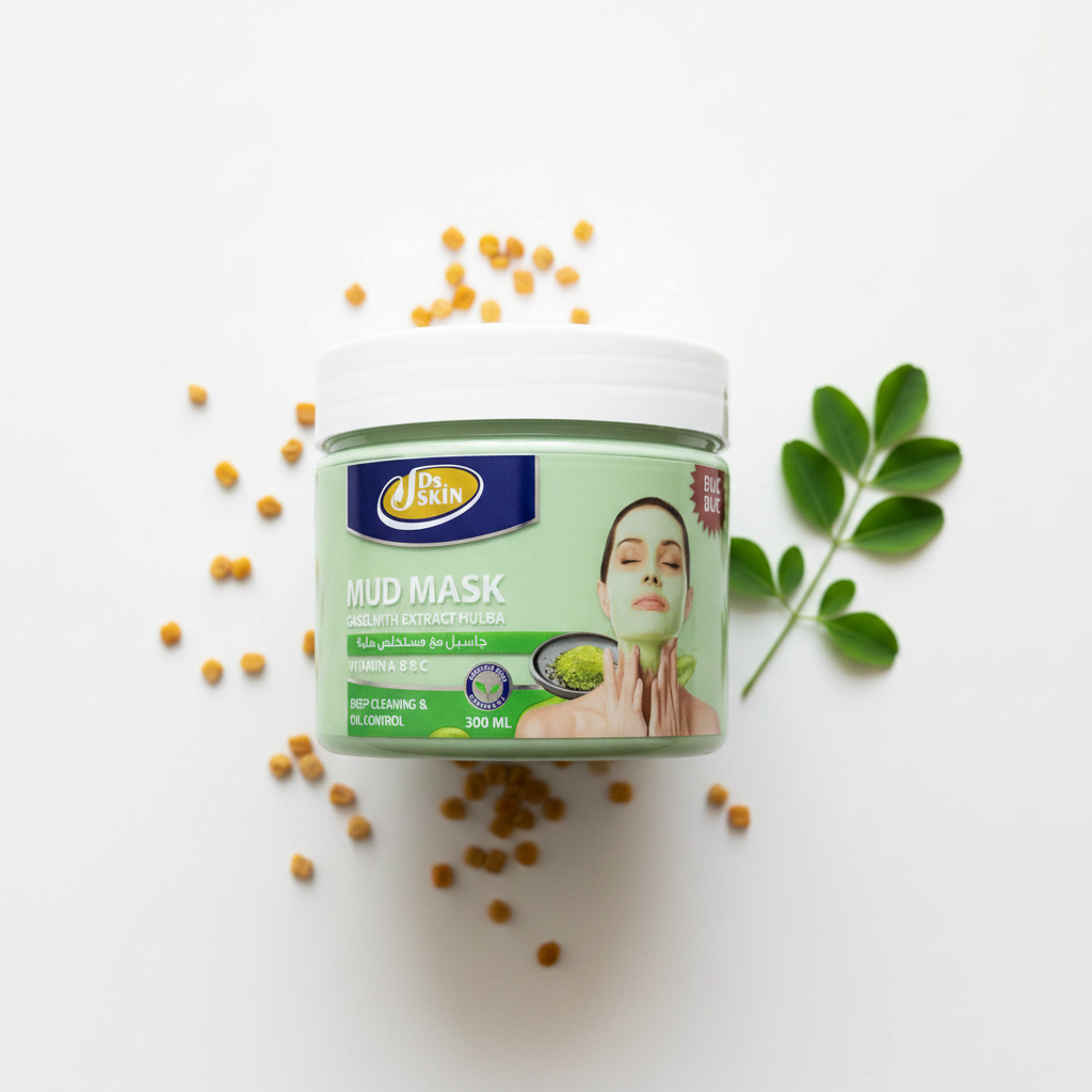 A jar of Green Planet Mud Mask with a white lid and a green label, styled on a white background with scattered chickpeas and a green leaf sprig.