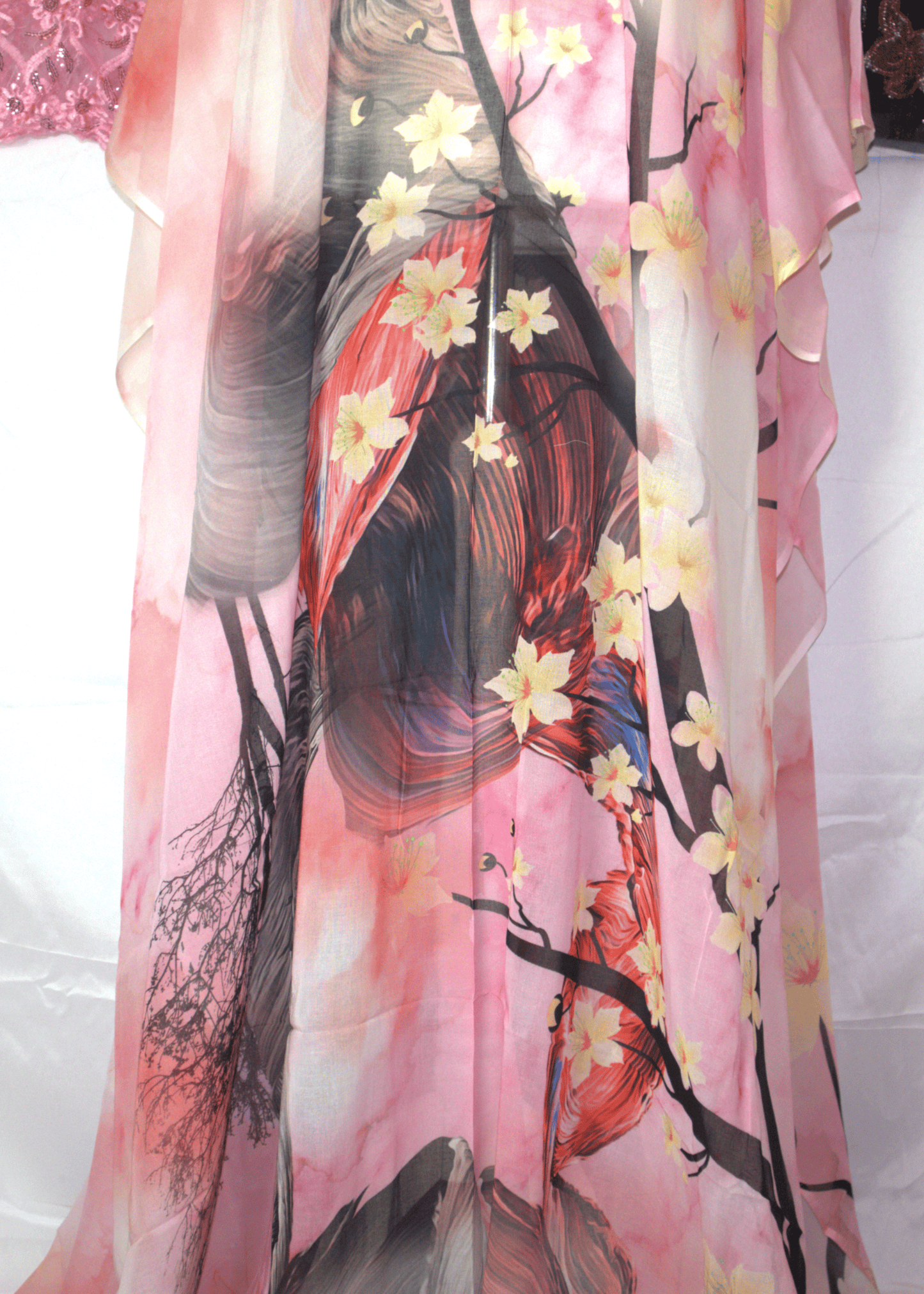 Silk German Dirac with cherry blossom design Pink color
