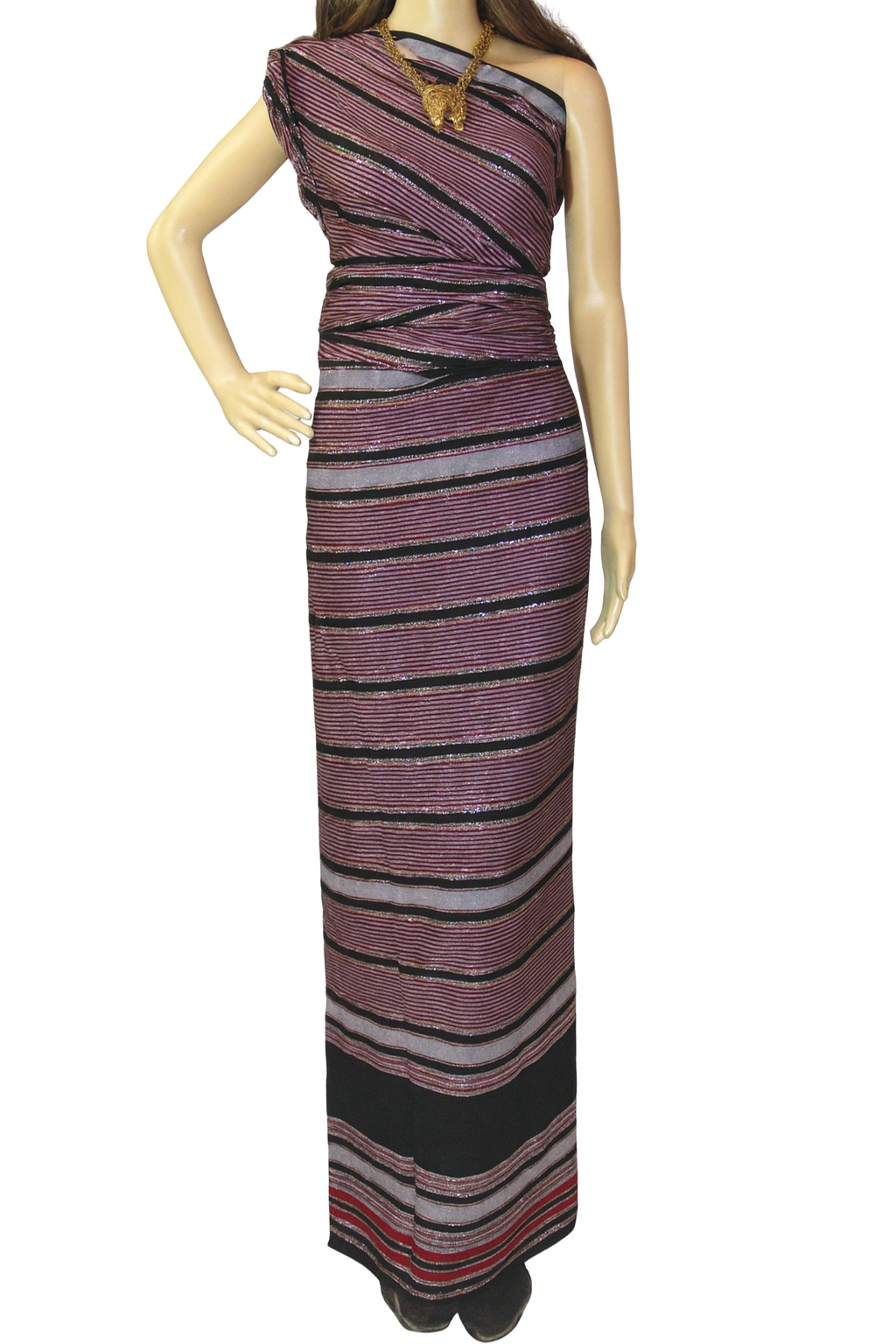 Mannequin wearing Guntiino Alindi Black & Red striped one-shoulder dress on a white background