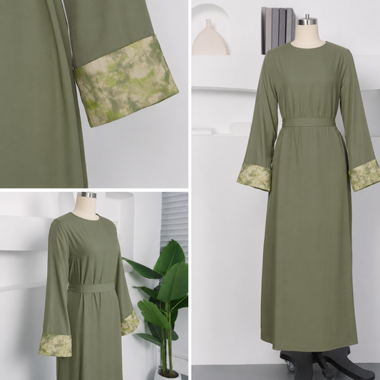 Olive Green Flared Sleeve Abaya with Printed Chiffon Cuffs