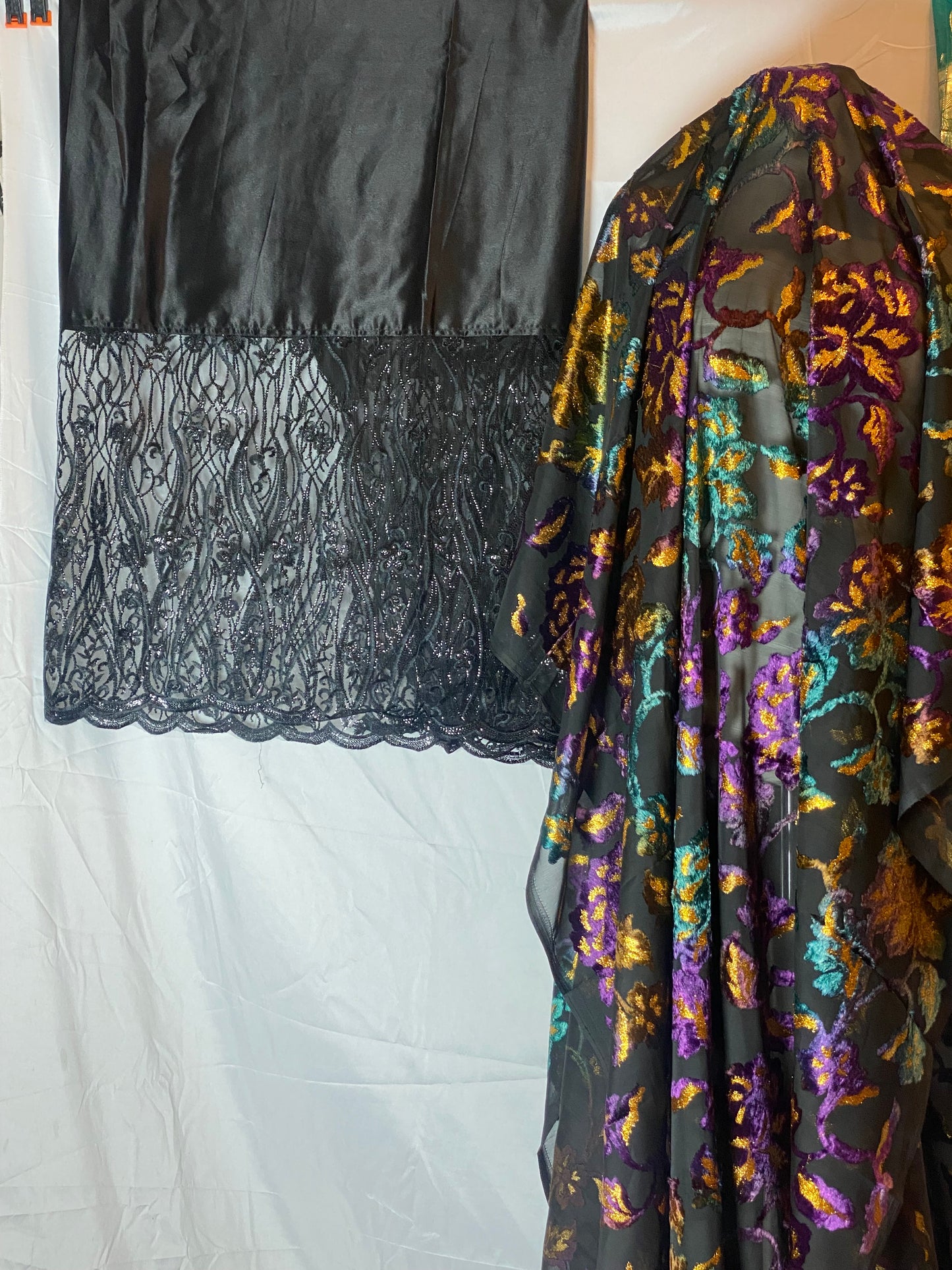 Maqbal Dirac Colorful fabric with floral patterns on a white background