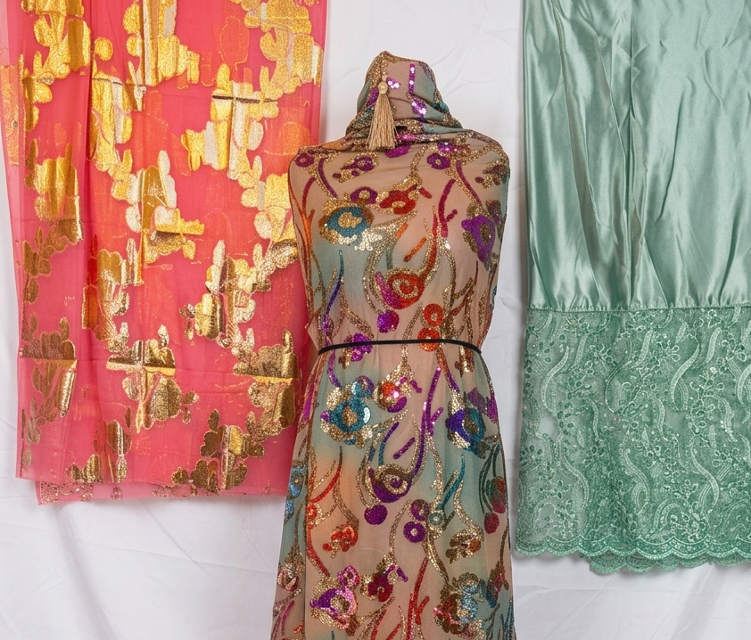 Floral embroidered dress with colorful patterns on a white background