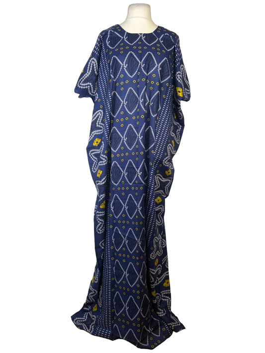 Blue patterned Somali Baati on a mannequin against a white backdrop