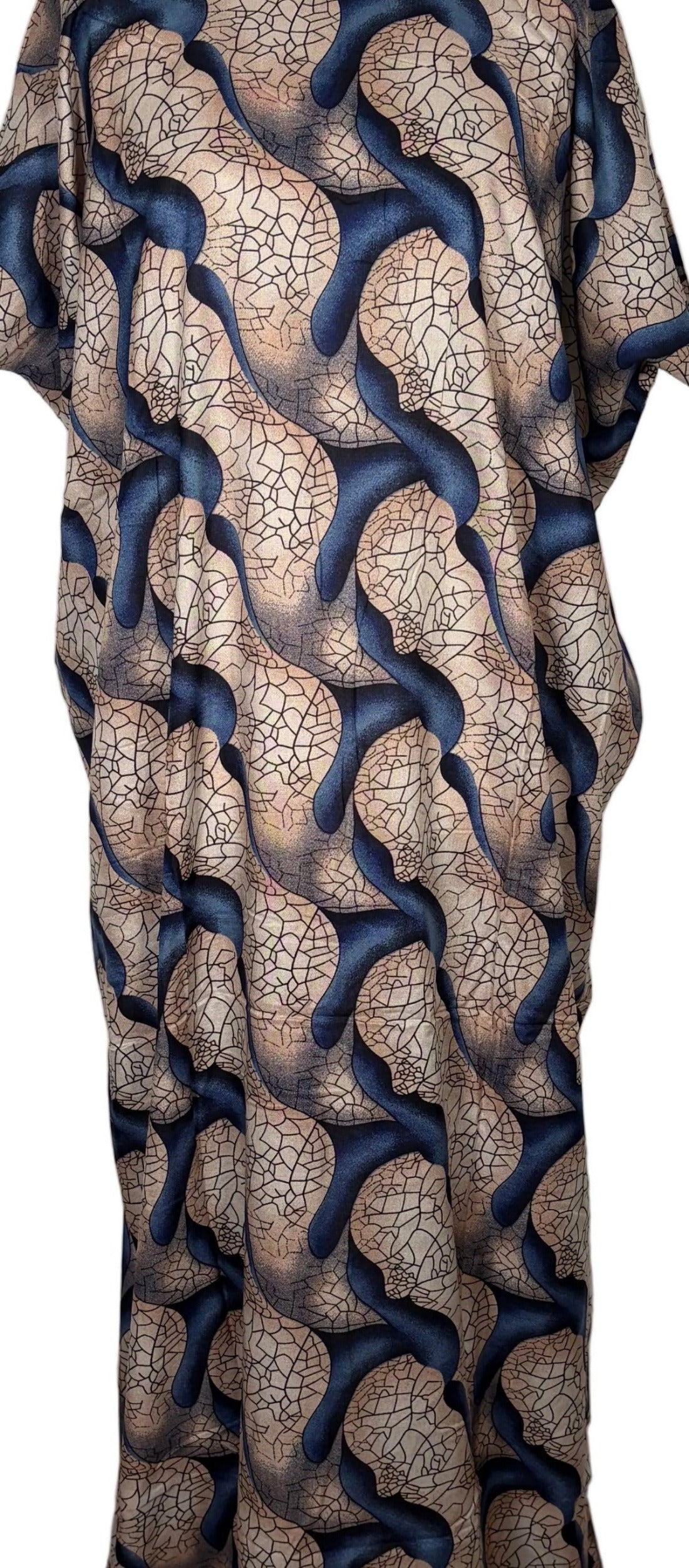 Patterned Somali Baati dress on a mannequin against a white backdrop