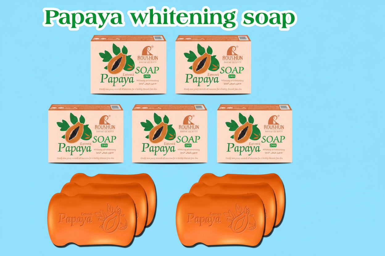 Papaya whitening soap packaging with bars on a blue background
