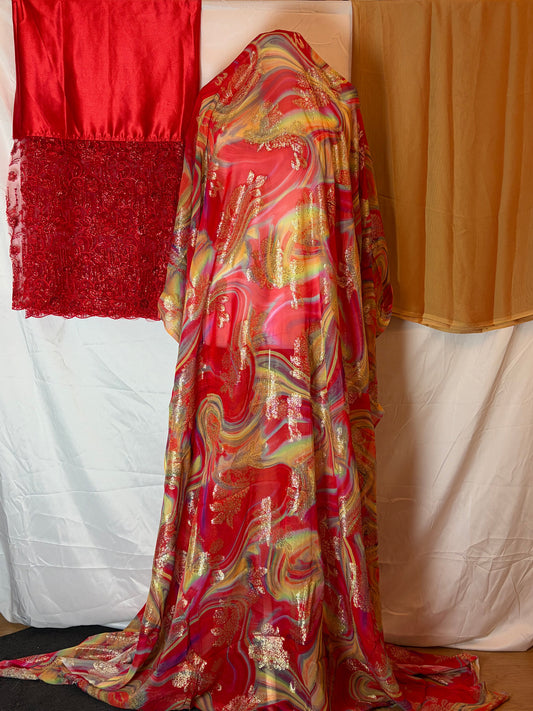 Pink fransawi Dirac fabric with a marbled pattern on a white surface