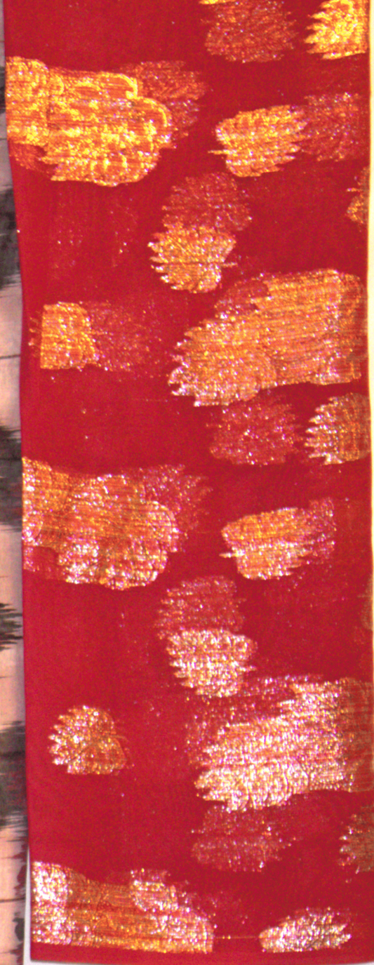Red Garbasaar fabric with gold and silver abstract pattern