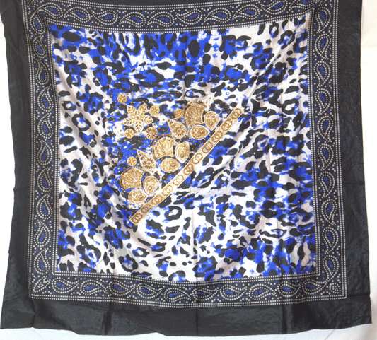 Somali Shaash with blue and black leopard print and gold stones