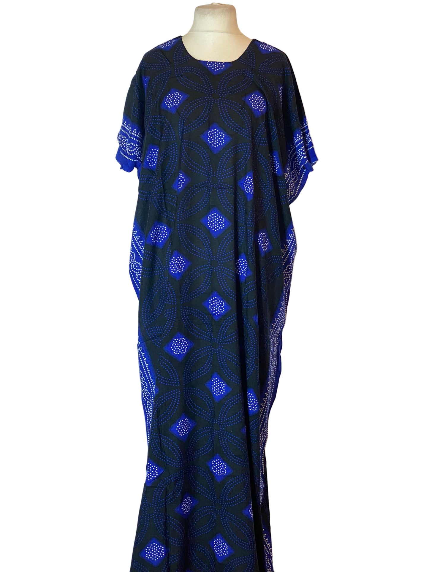 Navy blue Somali Baati with blue geometric patterns on a white background