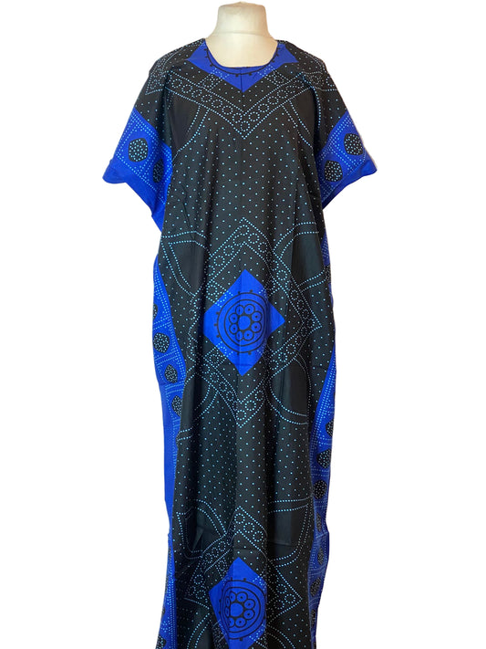 Black and blue patterned Somali Baati on a mannequin against a white background
