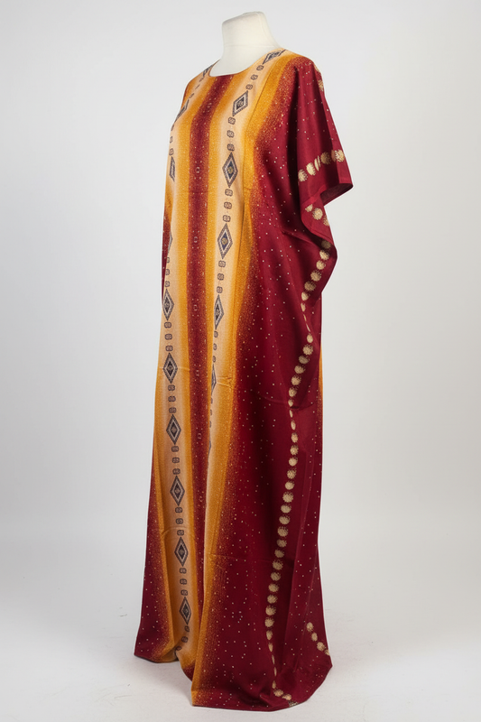 Somali baati with maroon and gold colors on a mannequin against a white background