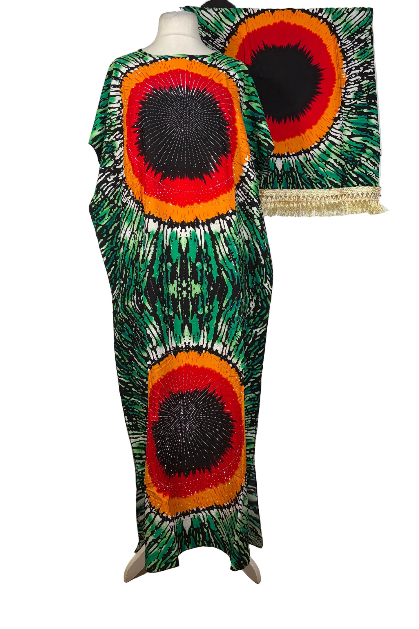 Colorful traditional somali Baati with circular patterns on a white background