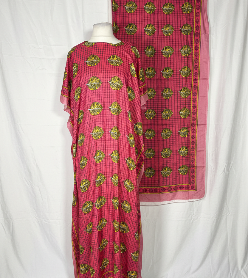 Back view of pink leaf print Baati and scarf