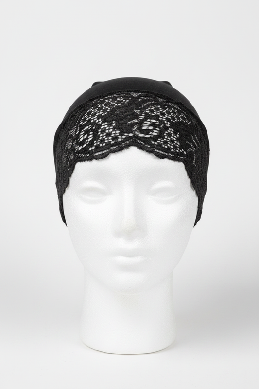 A black lace headband with a scalloped pattern, displayed on a white mannequin head against a light gray background.