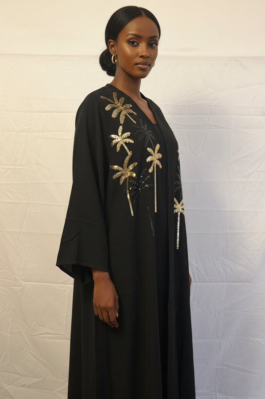 Black Abaya with Gold Palm Tree Embroidery