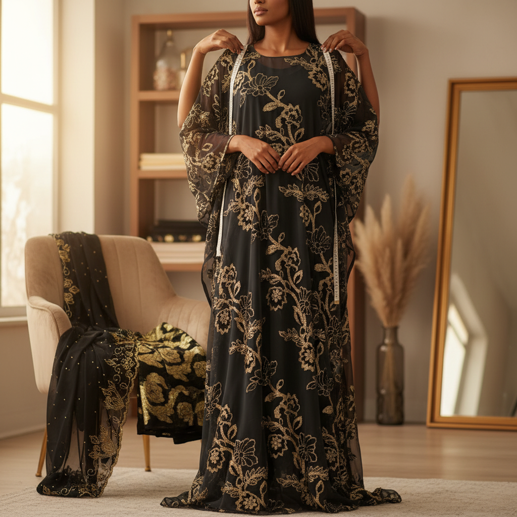 Woman wearing a finished three-piece Somali Dirac with Garbasaar and Gorogard during tailoring