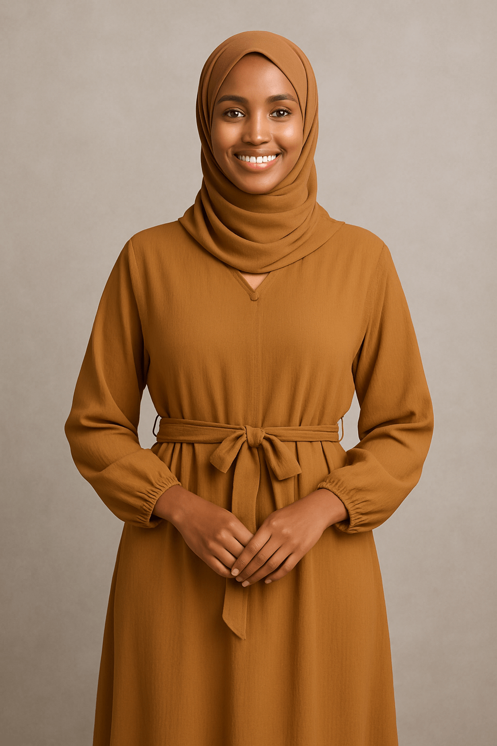 : A young Somali woman wearing a caramel brown belted maxi dress with a matching hijab, standing and smiling modestly in front of a light background.