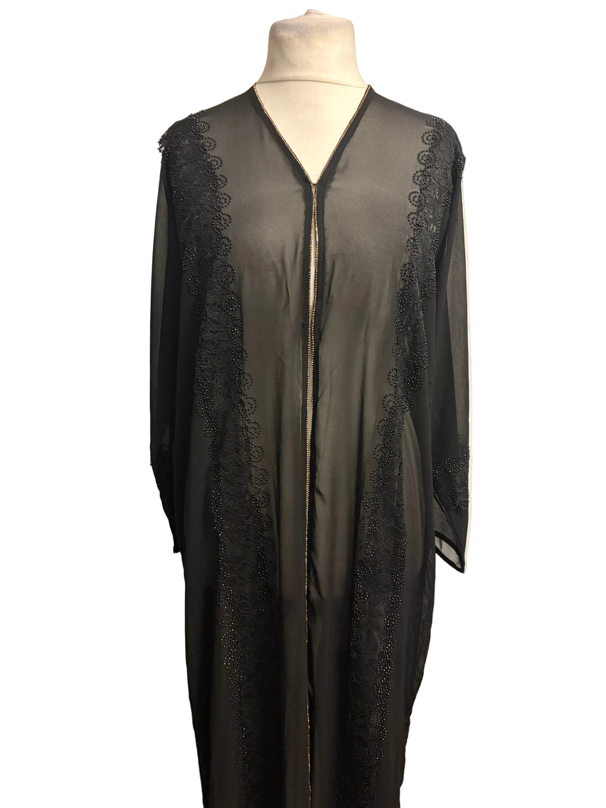 Black chiffon open abaya with crystal bead embroidery – full length view showing embroidery detail