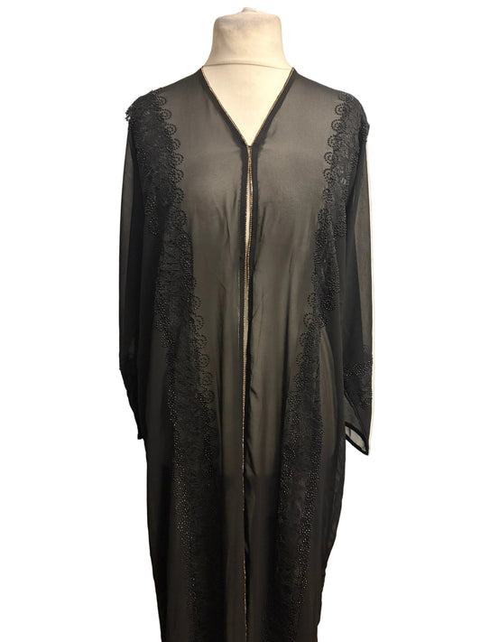 Black chiffon open abaya with crystal bead embroidery – full length view showing embroidery detail