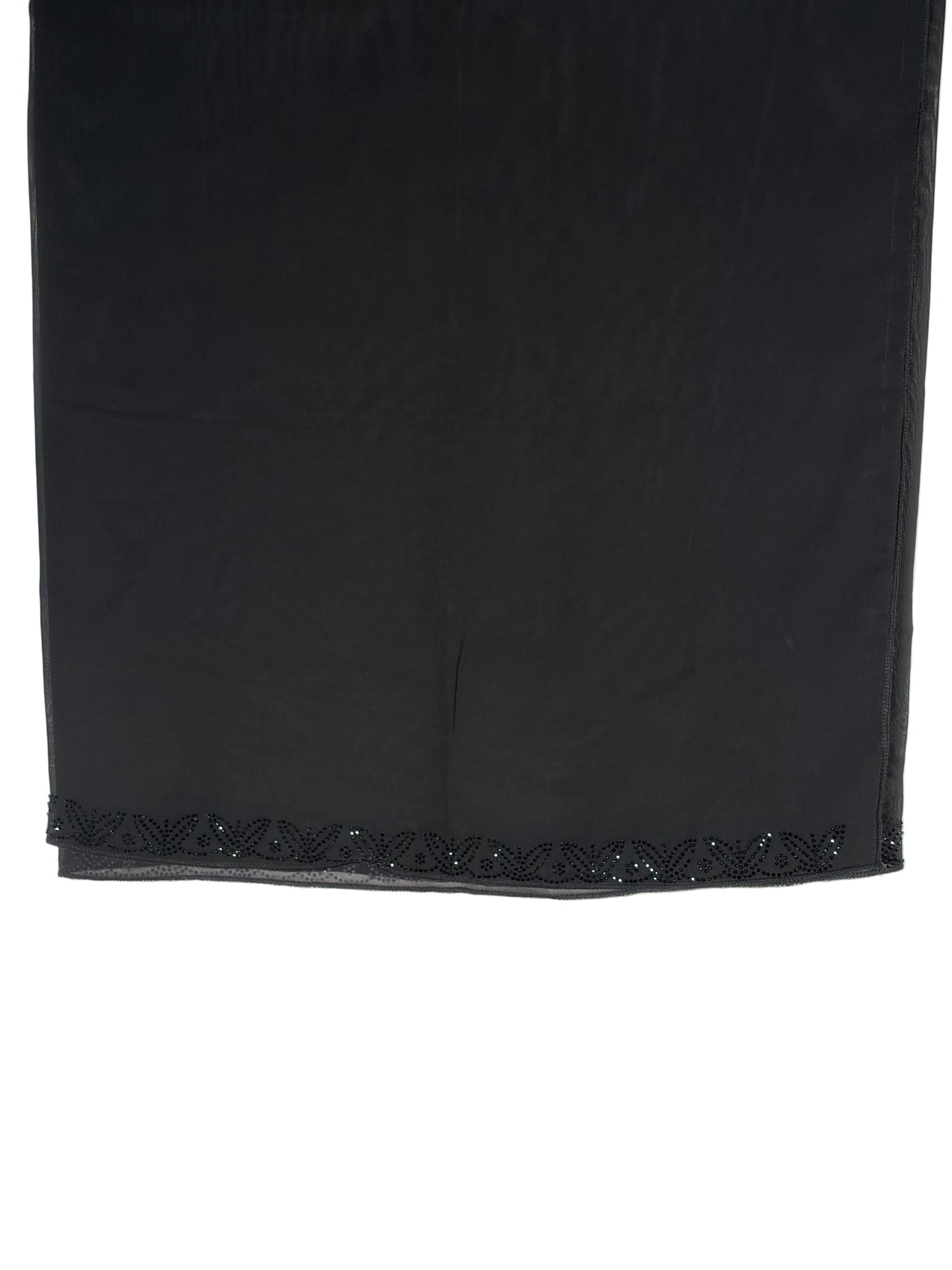 Black fabric with decorative trim on a white background