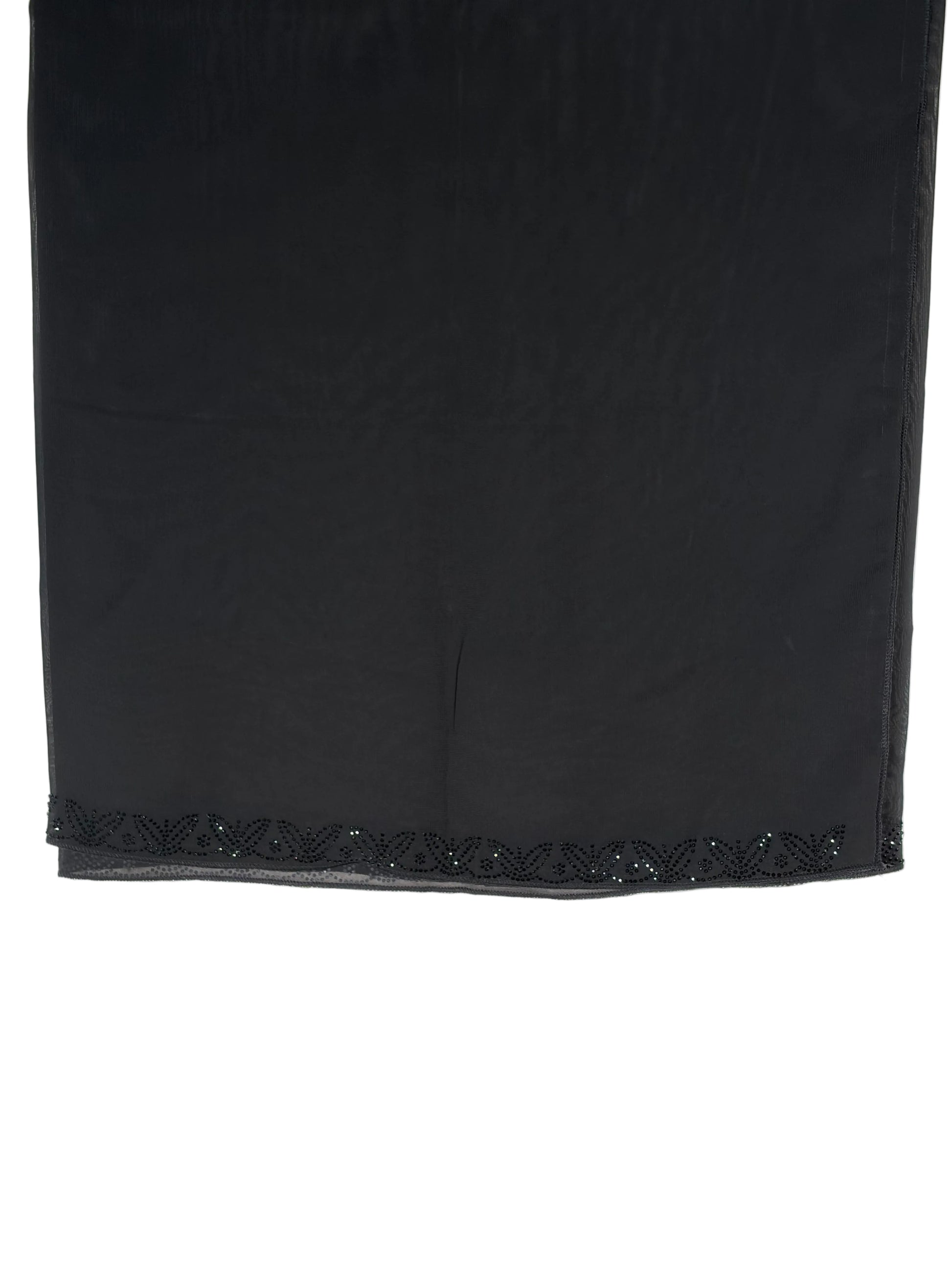 Black fabric with decorative trim on a white background