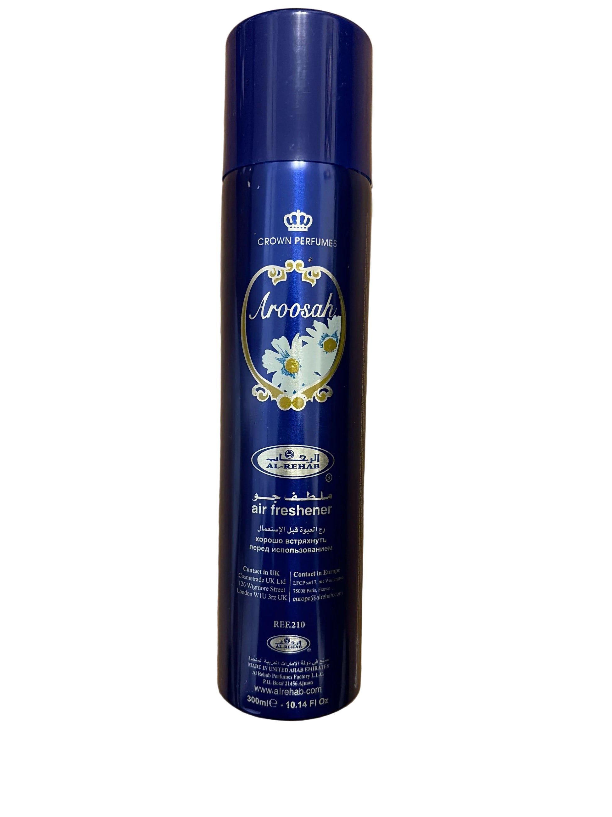 A blue Aroosah can of Crown Princess Aroosal air freshener placed on a light brown wooden surface.