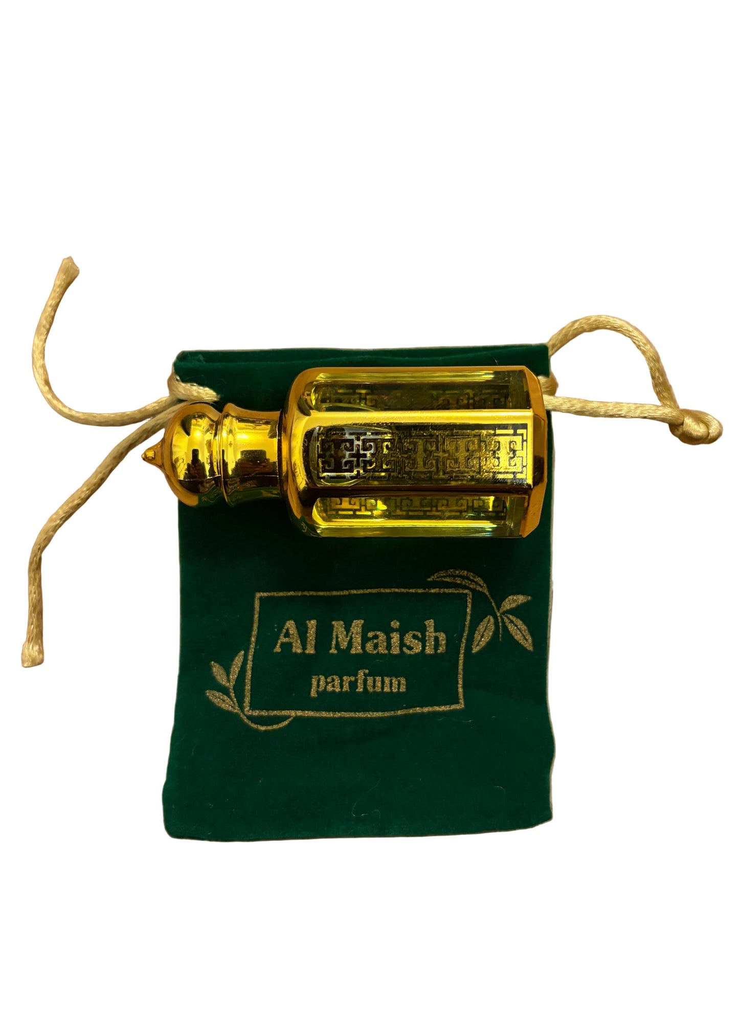 A small rectangular perfume bottle filled with golden liquid, placed on top of a dark green drawstring pouch printed with 'Al Maish parfum' in gold.