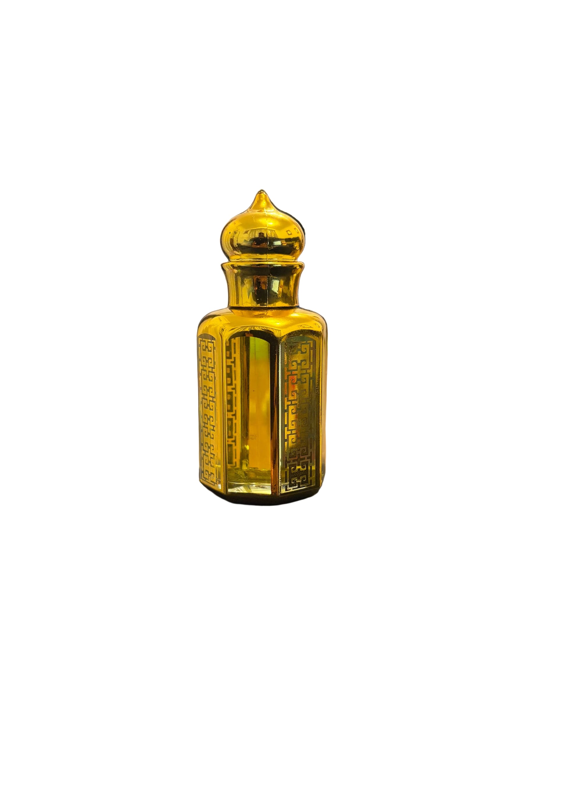 A small metallic gold bottle with a domed cap and vertical Arabic calligraphy