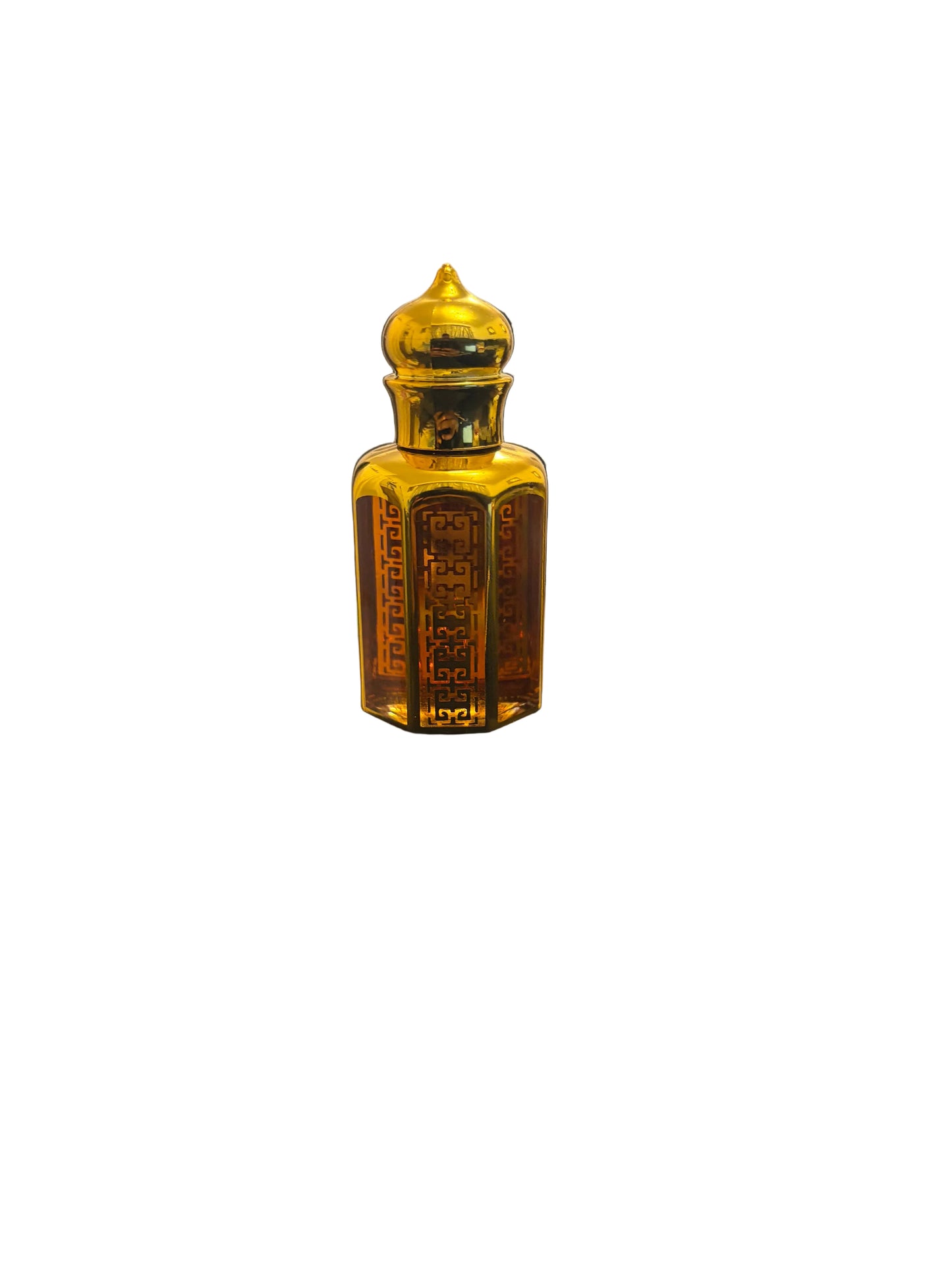 Al Maish gold-plated Arabic lattice perfume oil bottle with domed stopper on black fabric