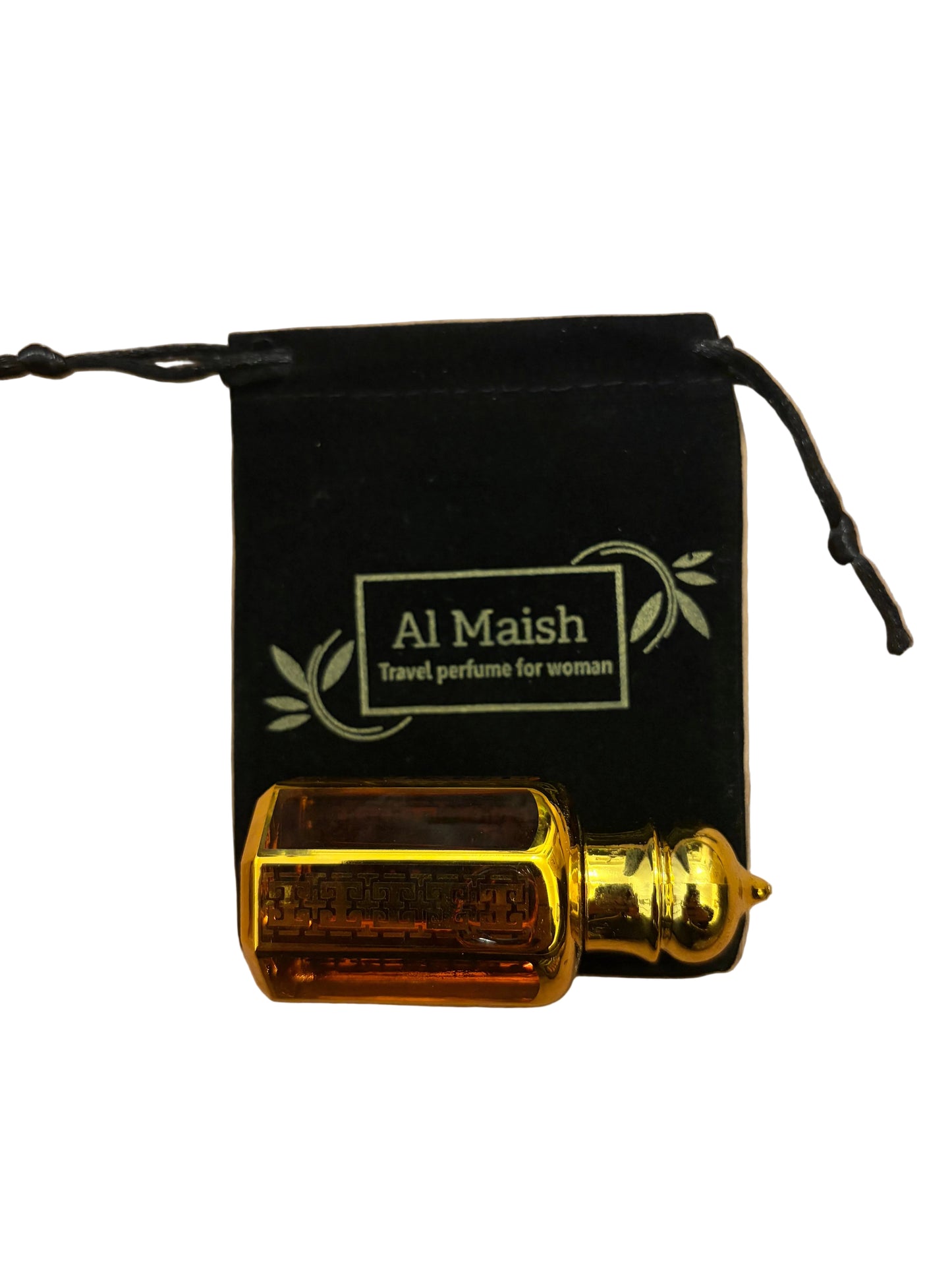 Al Maish Travel Perfume for Woman bottle and pouch flat lay on wooden surface
