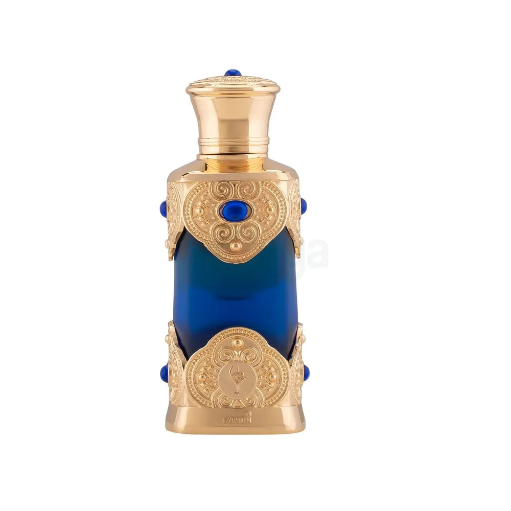 Blue perfume bottle with gold accents on a white background