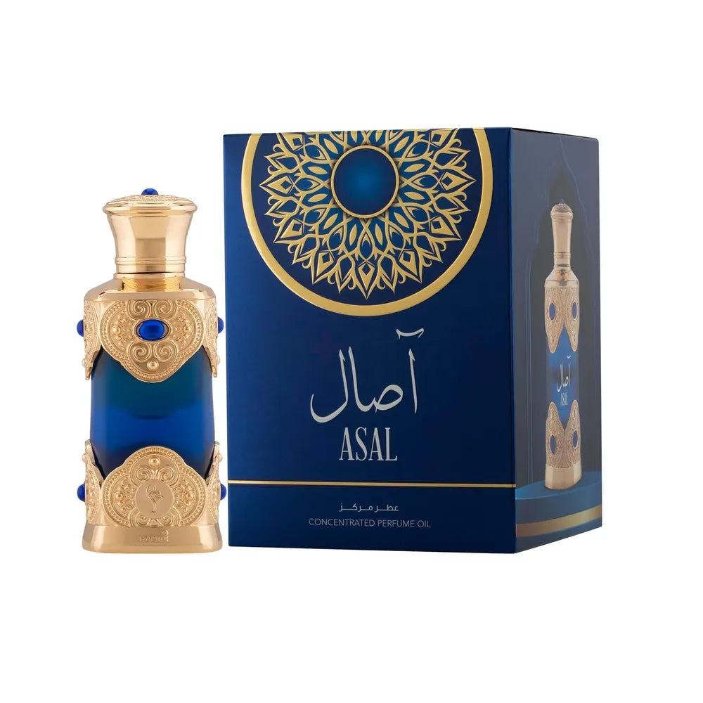 Blue and gold ASAL perfume bottle with decorative packaging on a white background
