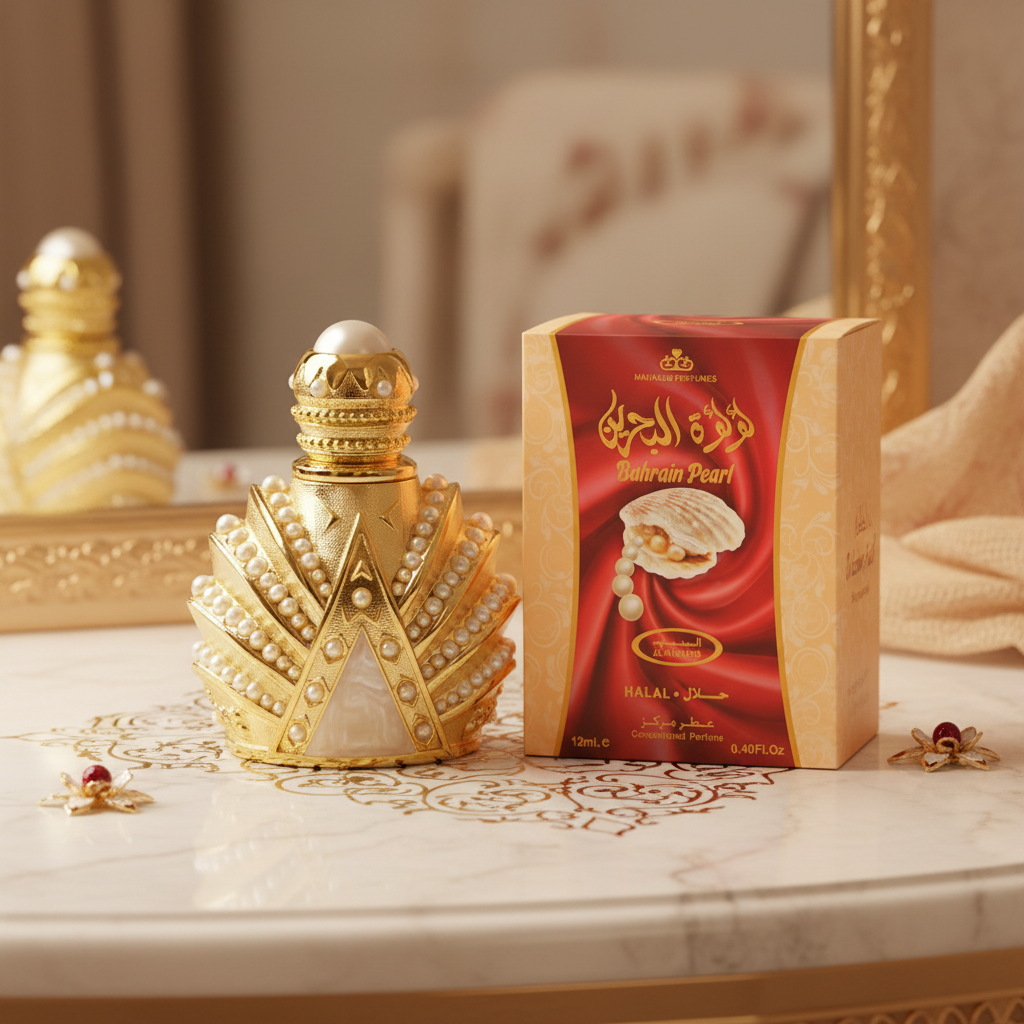 A decorative gold and pearl perfume bottle stands beside its red and beige packaging box on a marble surface in an elegant indoor setting.
