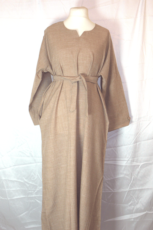 Beige Modest Maxi Dress – Belted with Side Pockets