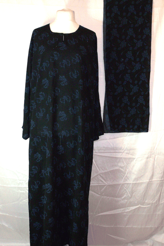Black & Blue One-Piece Abaya Full set