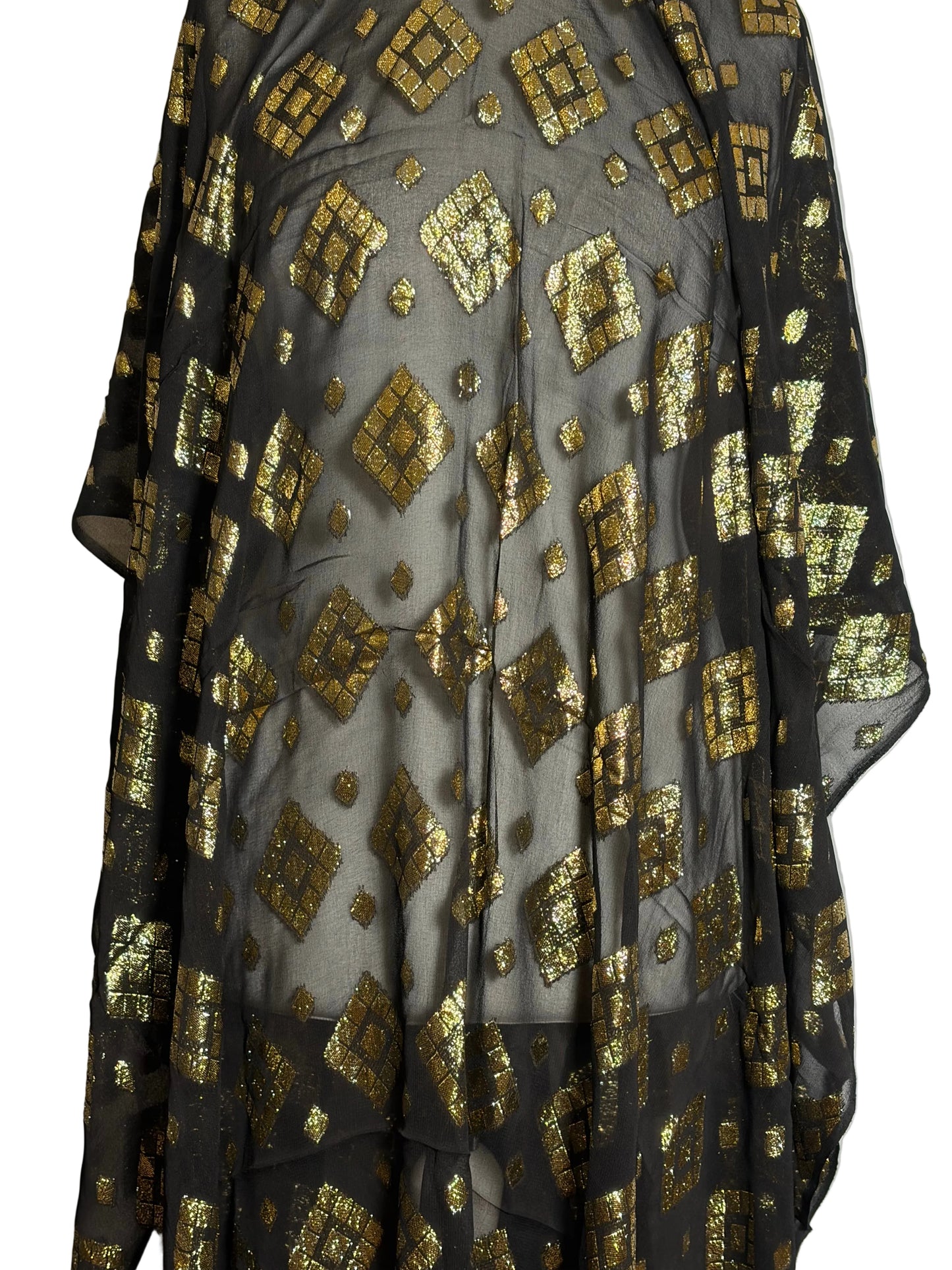 Black Somali garbasaar with gold geometric patterns on a white background