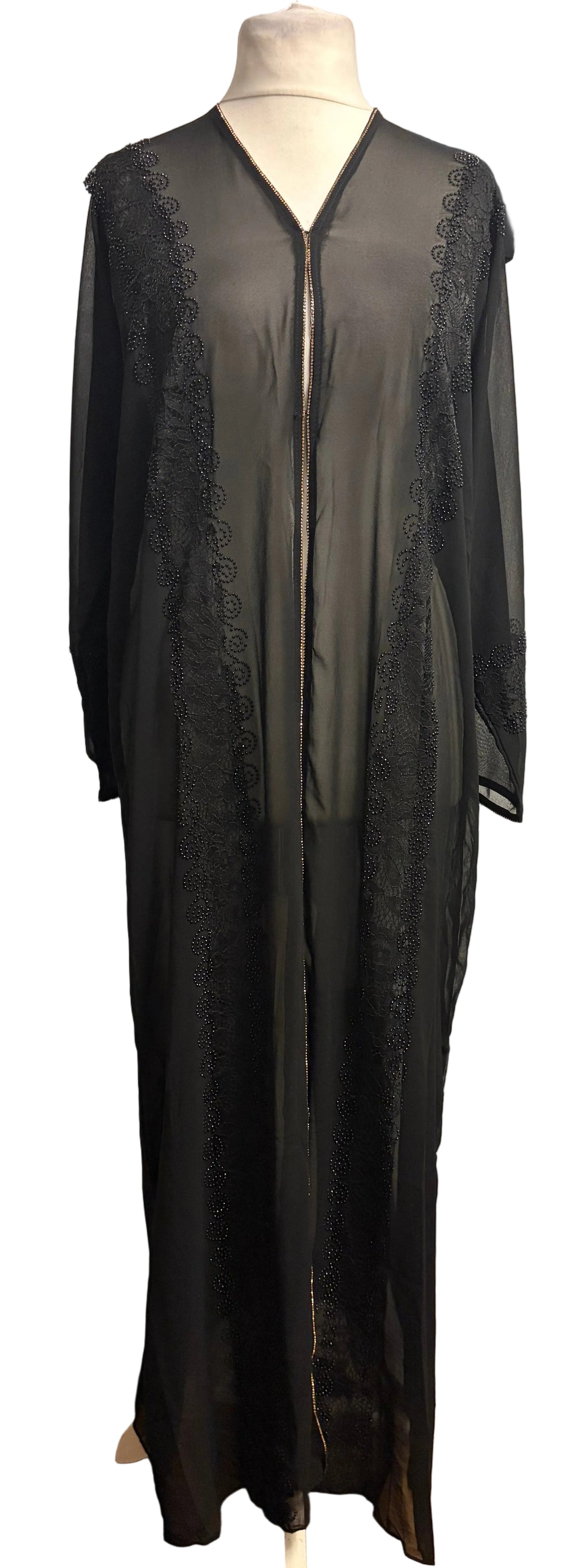 Black chiffon open abaya with crystal bead embroidery – full length front view on mannequin
