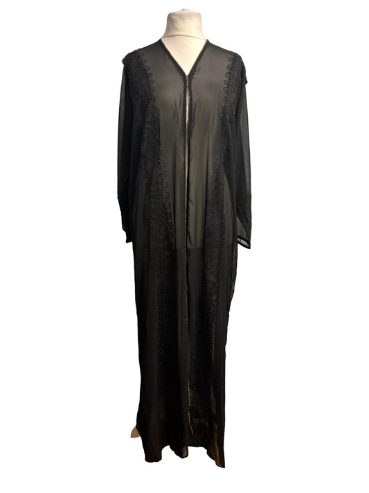 Black chiffon open abaya with crystal bead embroidery – wide front view on mannequin