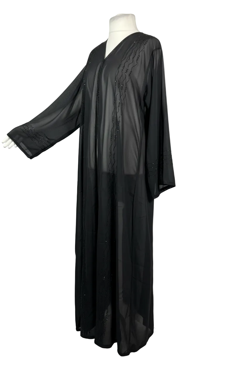 Black wave embroidery open abaya three-quarter side view showing drape and embroidery