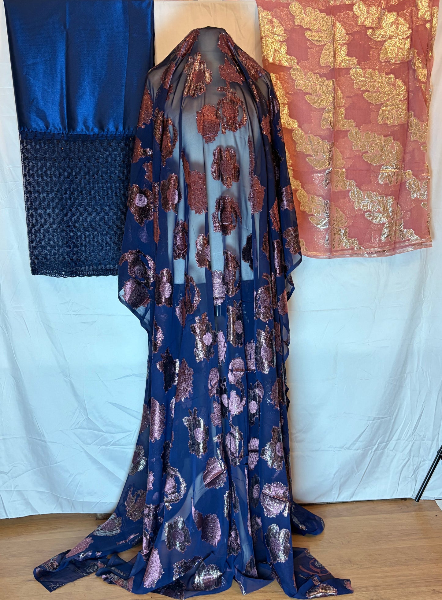 Blue fabric with floral pattern on a white surface