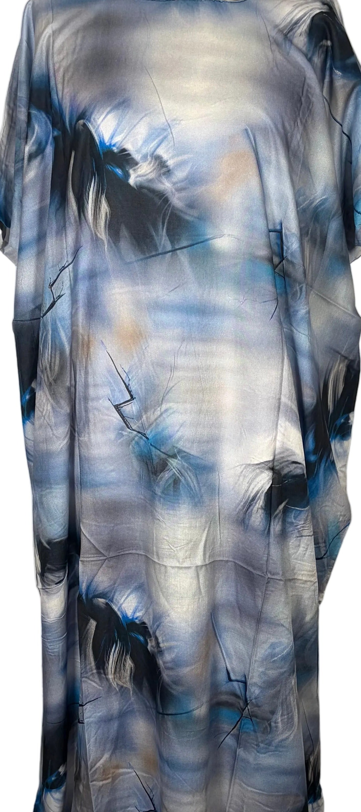 Blue and white tie-dye Somali Baati dress on a mannequin against a white backdrop